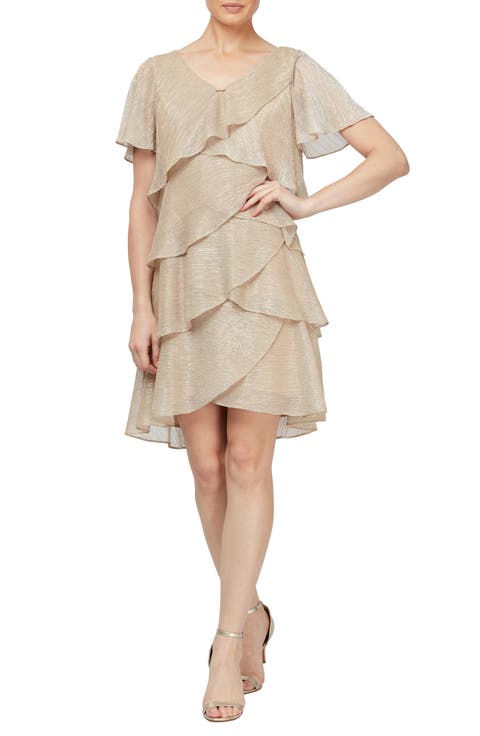 Tiered Shimmer Metallic Flutter Sleeve Dress