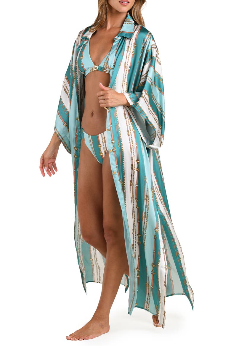 Wrena Belt Stripe Satin Maxi Cover-Up Shirtdress, Alternate, color, GREEN MULTI