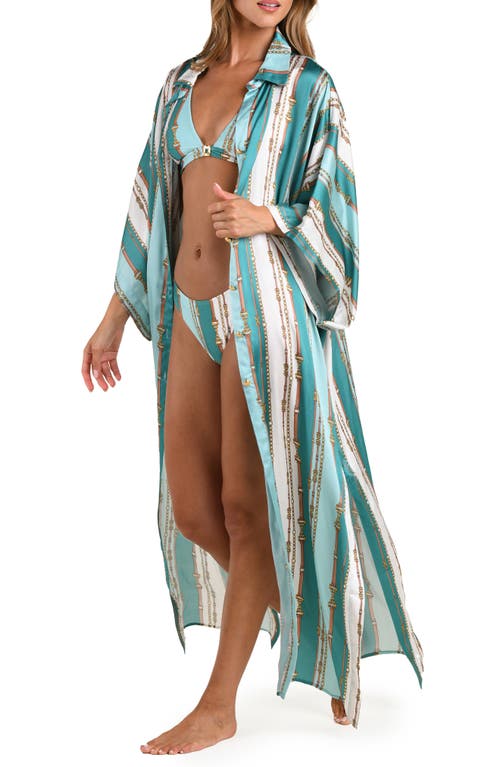 L'agence Wrena Belt Stripe Satin Maxi Cover-up Shirtdress In Green