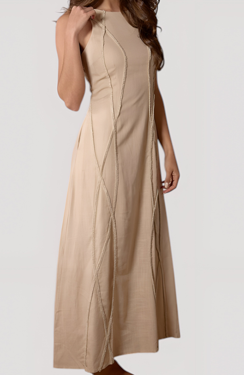 Modenaire Sleeveless Maxi Dress With Textured Trim And Flowing Silhouette In Neutral