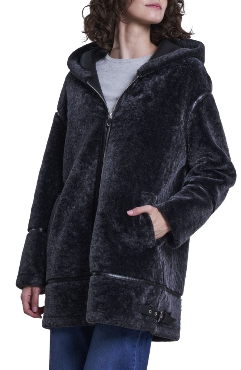 Blue Duck Hooded Genuine Shearling Jacket, Main, color, Charcoal
