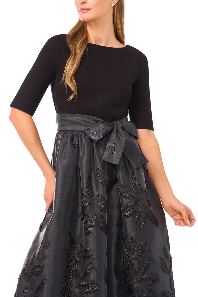 Jesse Metallic Floral Mixed Media Midi Dress, Alternate, color, RICH BLACK