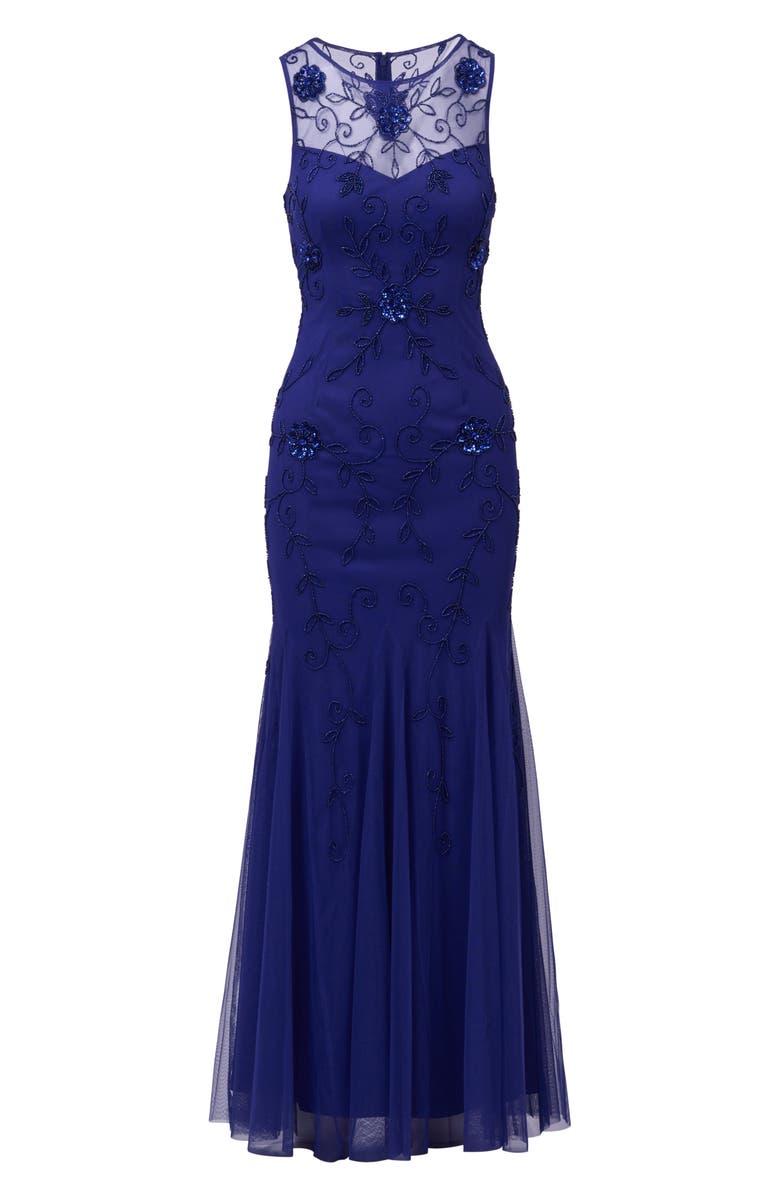 Adrianna Papell Placed Beaded Floral Mesh Mermaid Gown, Alternate, color, Dark Blue Violet