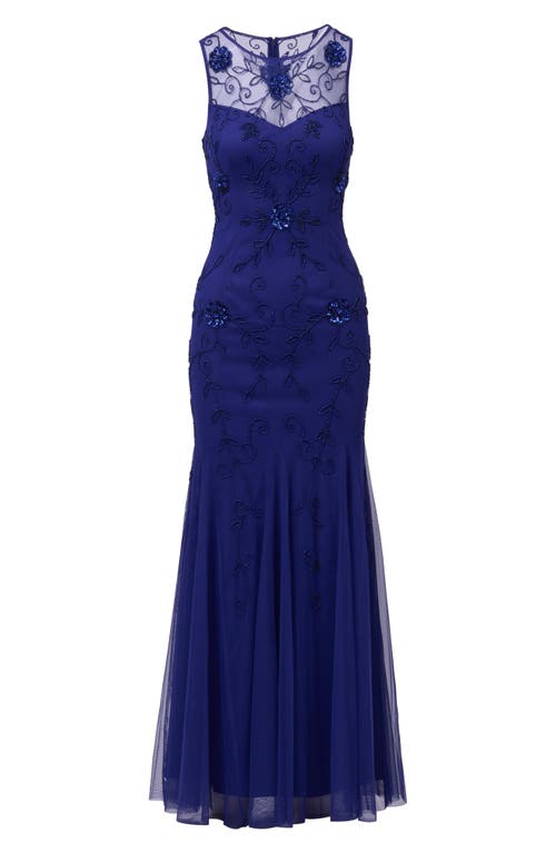 Adrianna Papell Placed Beaded Floral Mesh Mermaid Gown In Blue