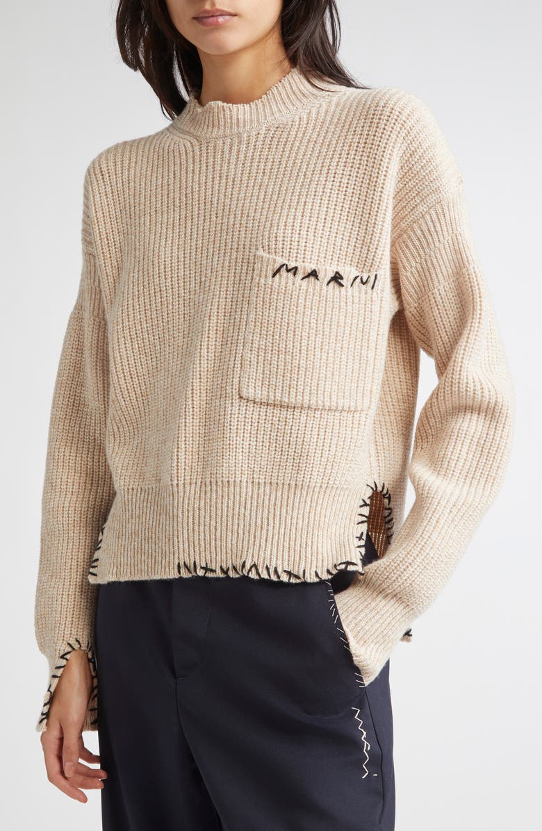 Marni Mending Logo Virgin Wool Mock Neck Sweater, Alternate, color, 00W23 Seashell