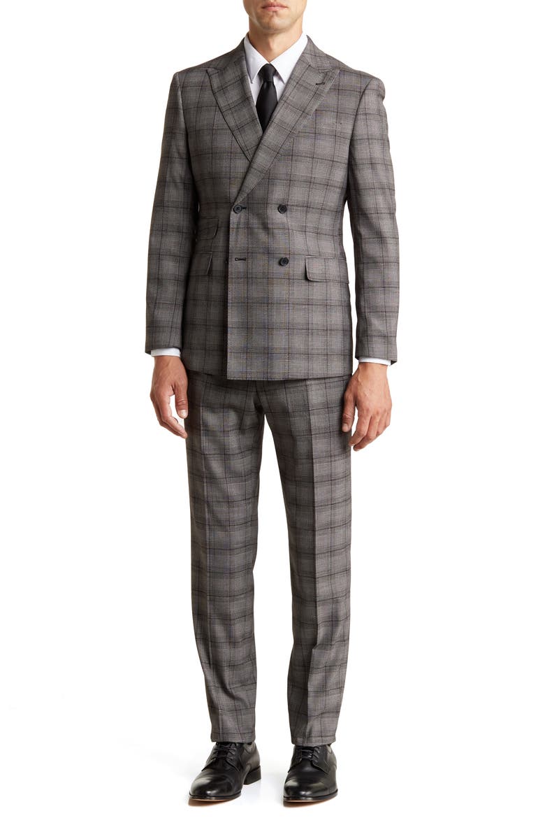 Plaid Double Breasted Peak Lapel Suit, Main, color, BLACK/ WHITE