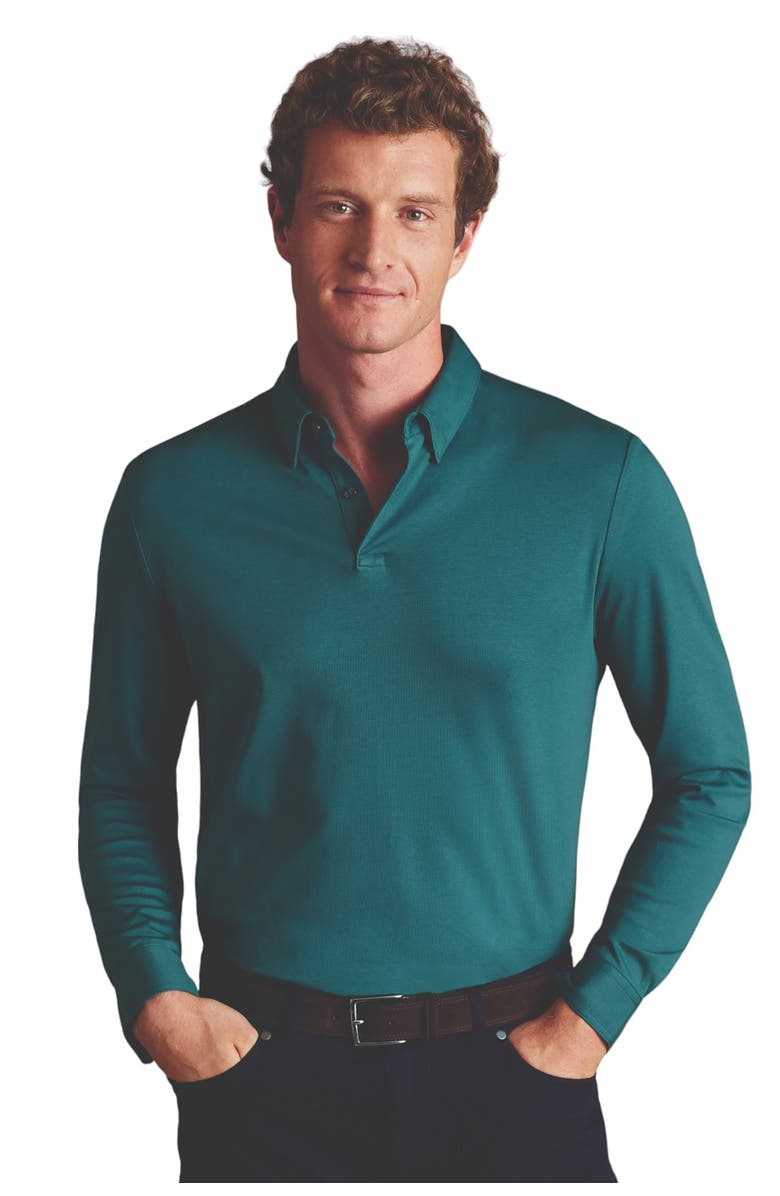 Charles Tyrwhitt Plain Long Sleeve Jersey Polo, Main, color, Teal Green