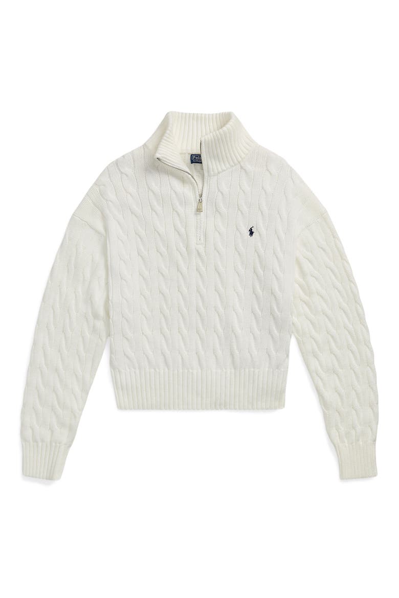 Cable Knit Cotton Polo Sweater, Alternate, color, WHITE
