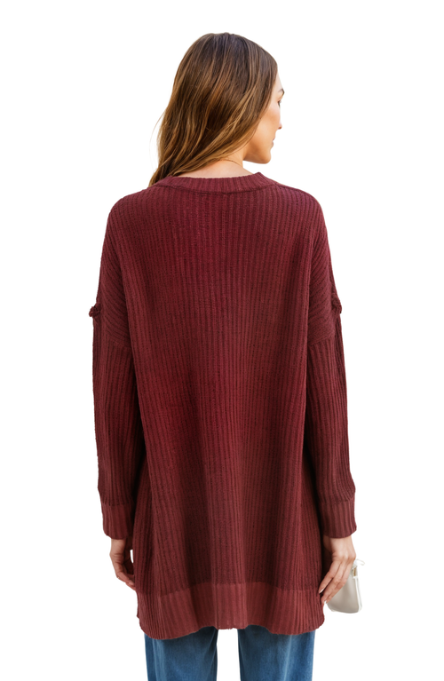 Knit & Lounge Knit And Lounge Ribbed Open-front Cardigan With Pockets And Relaxed Fit In Dark Red
