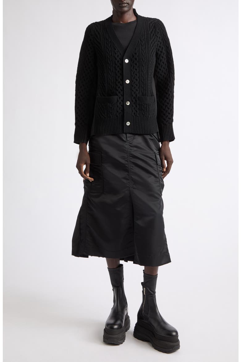 Mixed Media Wool Cable & Poplin Shirt Cardigan, Alternate, color, BLACK/ DARK BLACK