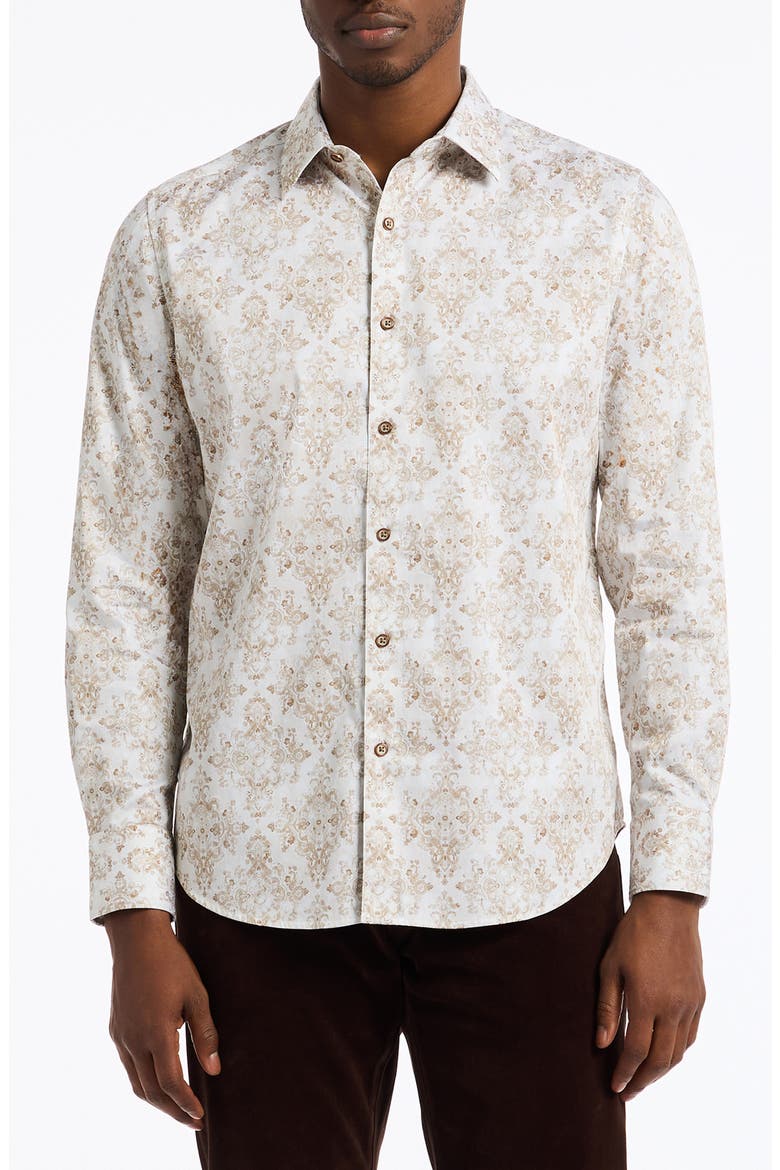Delancey Damask Print Stretch Cotton Button-Up Shirt, Main, color, KHAKI