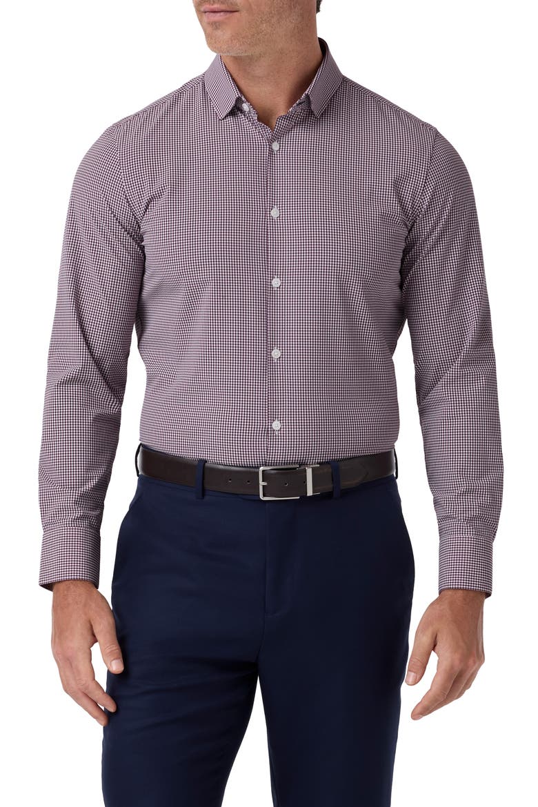 Leeward Trim Fit Gingham Performance Button-Up Shirt, Main, color, MERLOT PETER GINGHAM