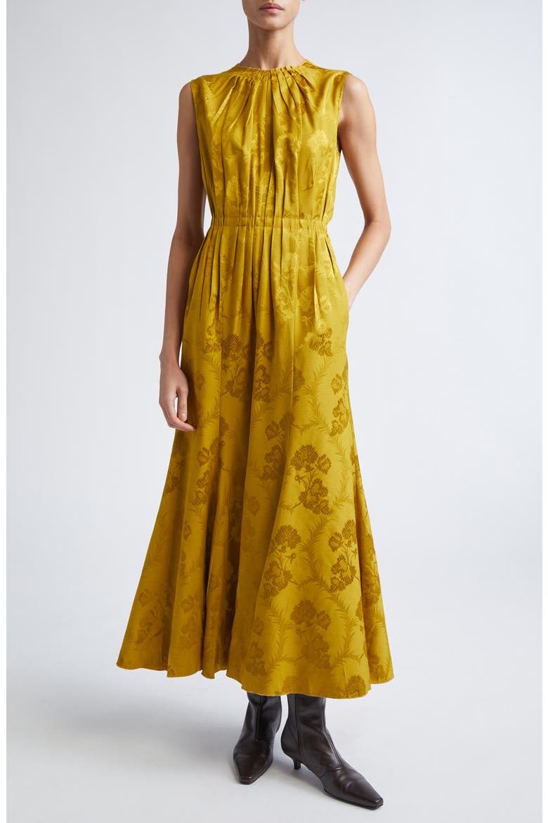 Leafy Jacquard Sleeveless Midi Dress, Main, color, SENAPE