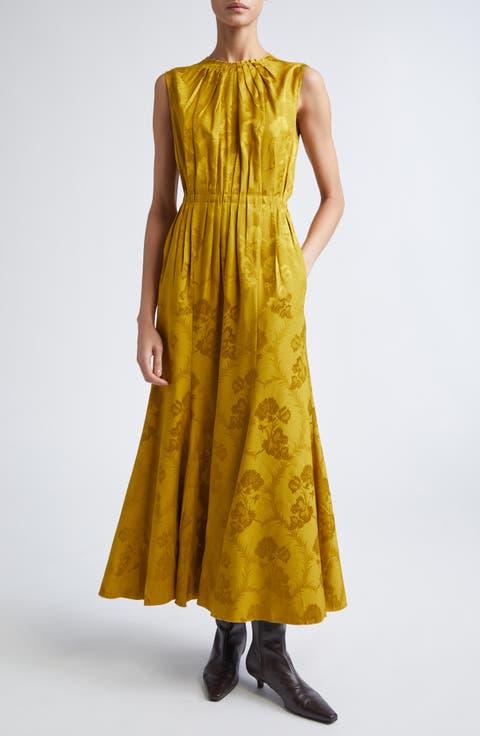 Leafy Jacquard Sleeveless Midi Dress