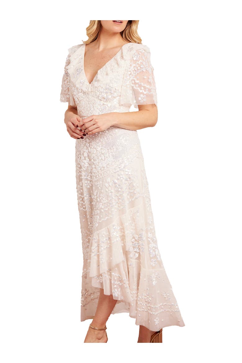 Anais Sequin Frill Ankle Gown, Main, color, Cream