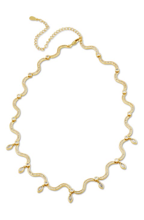 Wavy 18k Gold Plated Cubic Zirconia Fringe Necklace