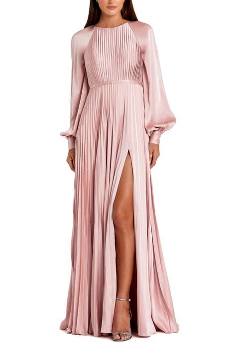 Pleated High Neck Raglan Long Sleeve Side Slit Gown