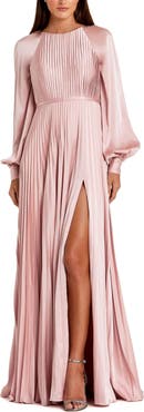 Mac Duggal Pleated High Neck Raglan Long Sleeve Side Slit Gown