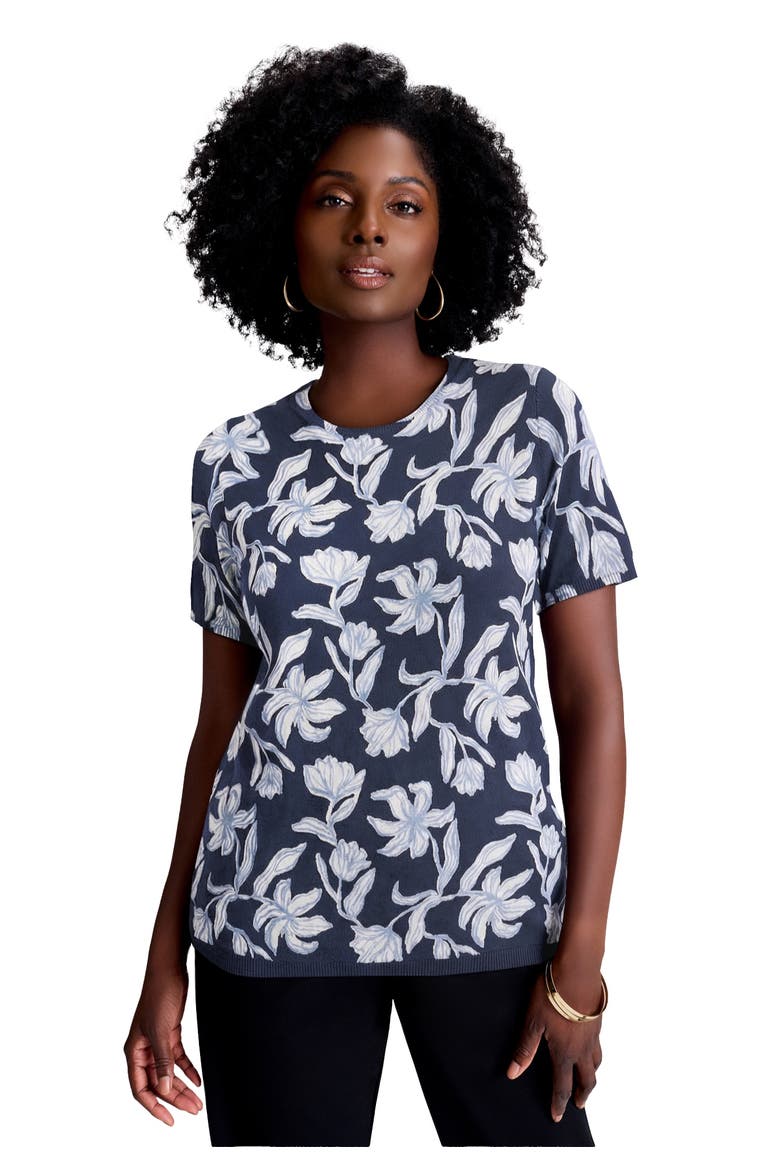 Fine Gauge Crewneck Knit Shell, Main, color, BLUE PRETTY FLORAL