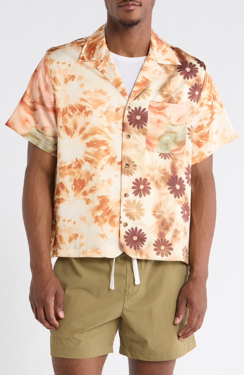 RIZORT Daisy Colorblock Camp Shirt, Main, color, Orange