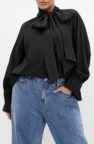 City Chic Kelsey Bow Neck Long Sleeve Crepe Top