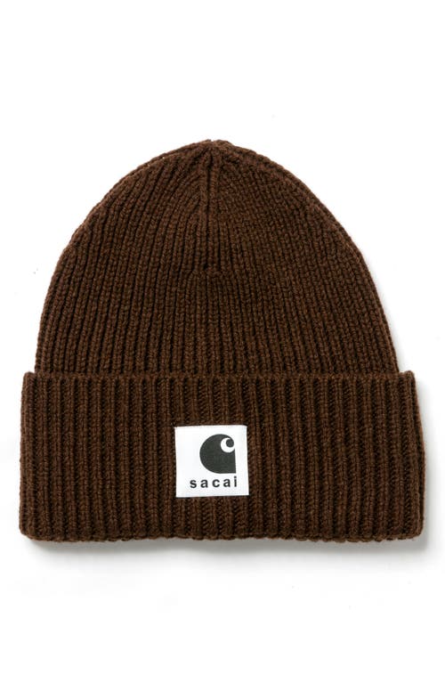 Sacai Carhartt Wip Rib Wool & Nylon Logo Beanie In Brown