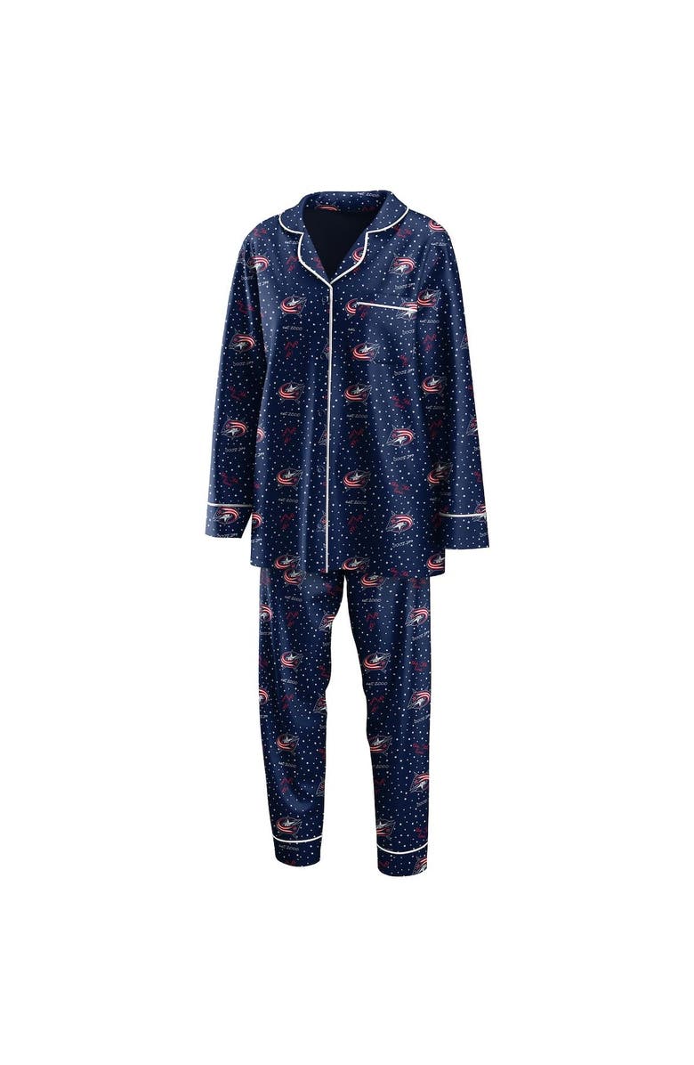 WEAR by Erin Andrews Women's WEAR by Erin Andrews Navy Columbus Blue Jackets Long Sleeve Button-Up Shirt & Pants Sleep Set, Main, color, 