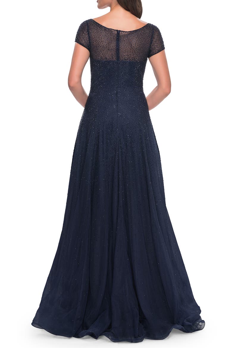 Beaded A-Line Dress with Illusion Neckline and Sleeves, Alternate, color, Navy