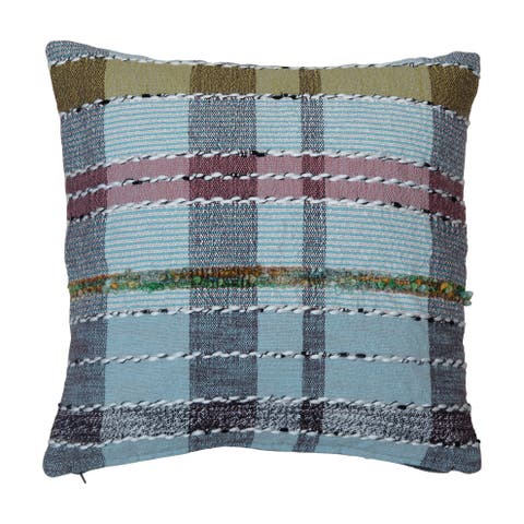 Woven Cotton and Wool Madras Plaid Pillow with Chambray Back, Multicolor
