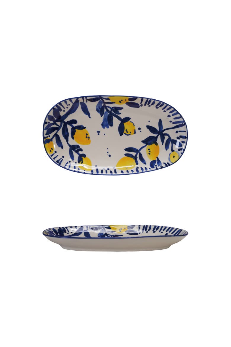 Hand-Painted Stoneware Platter with Lemons, White, Blue and Yellow, Main, color, Blue