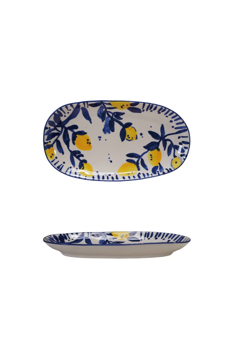 Storied Home Hand-Painted Stoneware Platter with Lemons, White, Blue and Yellow, Main, color,