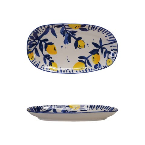 Hand-Painted Stoneware Platter with Lemons, White, Blue and Yellow
