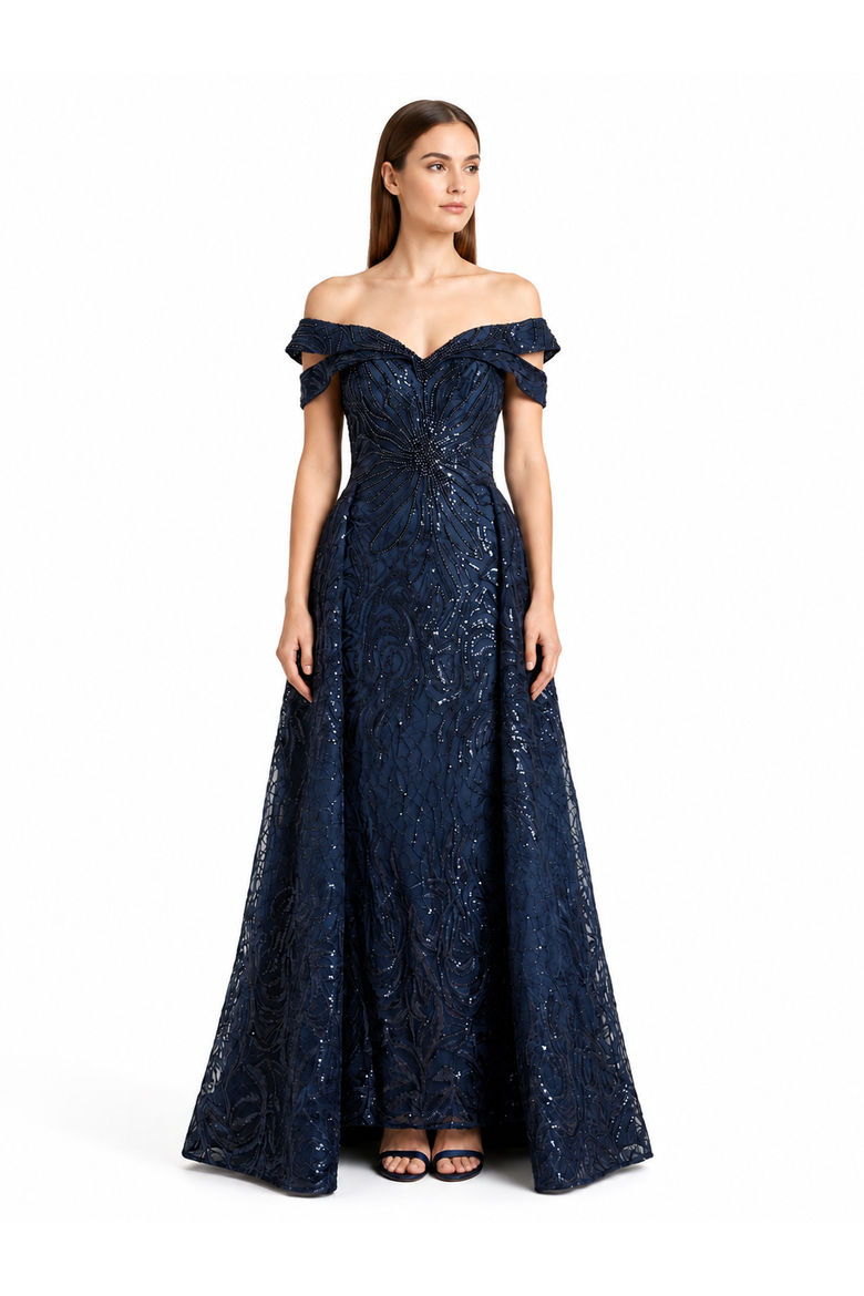 Off Shoulder Mermaid Lace Gown with Overskirt, Alternate, color, Navy