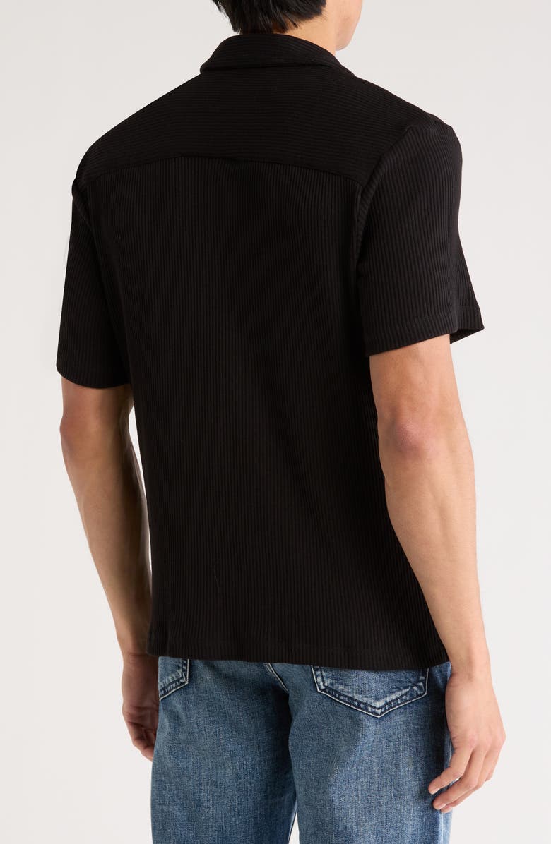 DENIM AND FLOWER Solid Black Rib Knit Cotton Blend Camp Shirt, Alternate, color, Black