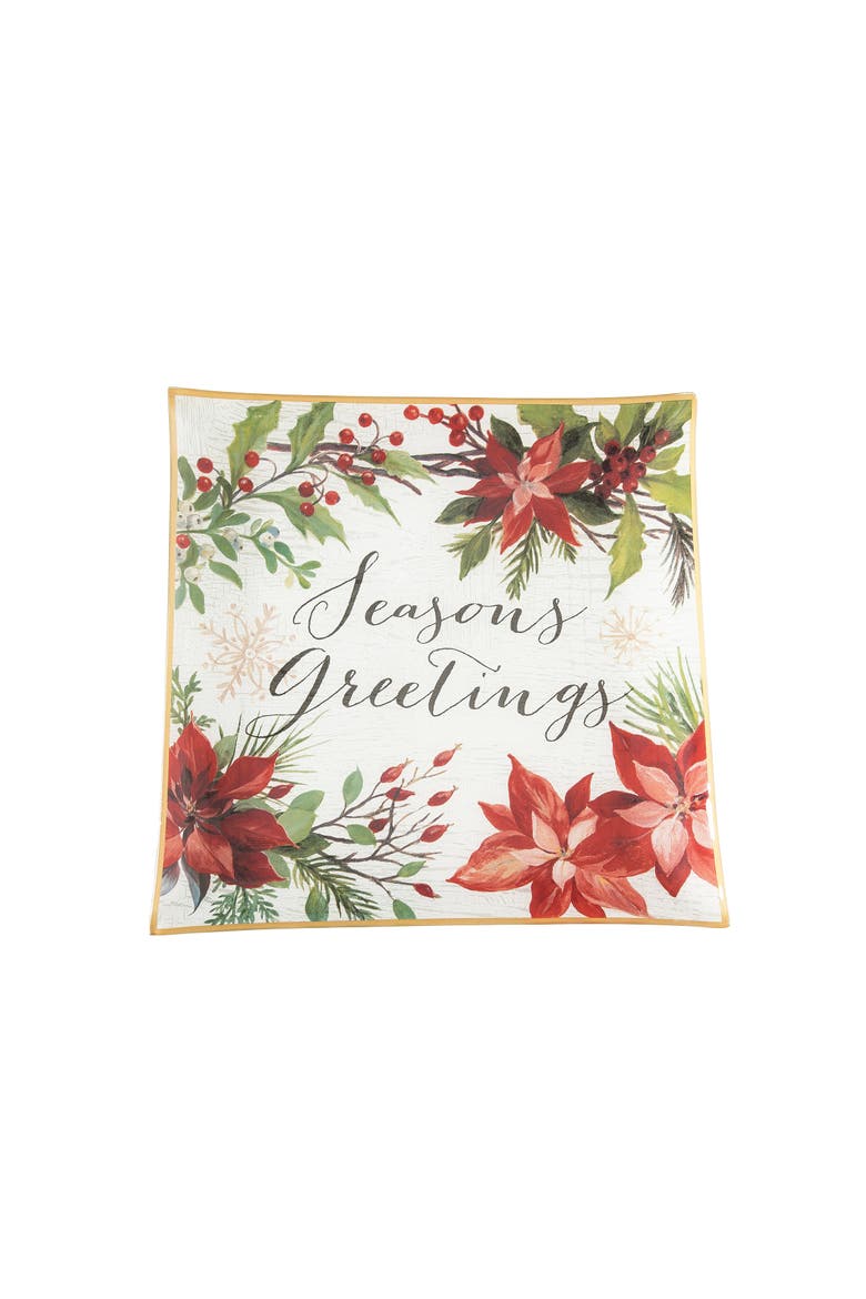 Poinsettia Seasons Greetings Slump Glass Decorative Platter, Main, color, Red