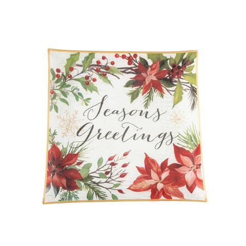 Poinsettia Seasons Greetings Slump Glass Decorative Platter