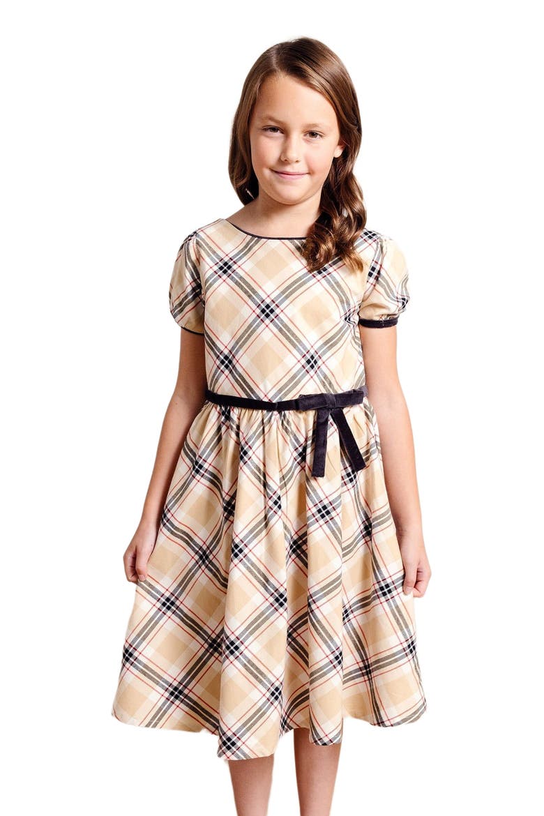 Girls' Puff Sleeve Party Dress, Kids, Main, color, Classic Tan Plaid