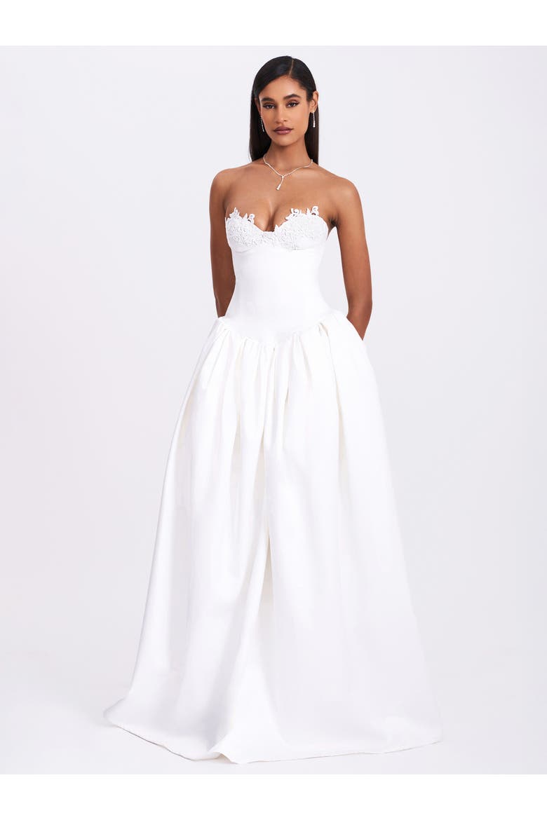 Naila Lace Trim Strapless Drop Waist Wedding Gown, Alternate, color, White