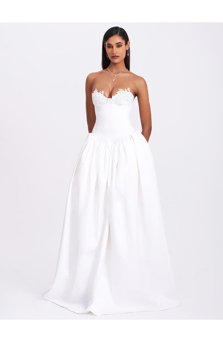 Miss Circle Naila Lace Trim Strapless Drop Waist Wedding Gown, Alternate, color, White