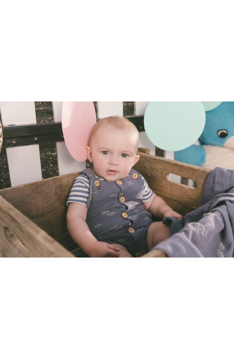 Deux par Deux Baby Boy's Printed Organic Cotton Bodysuit And Muslin Shortall Set Navy Blue Paper Boats, Alternate, color,