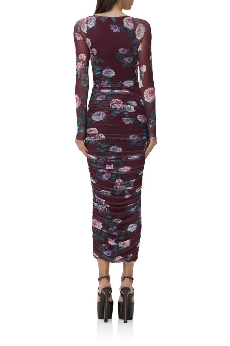 Maggie Floral Shirred Long Sleeve Midi Dress, Alternate, color, CABERNET BOUQUET