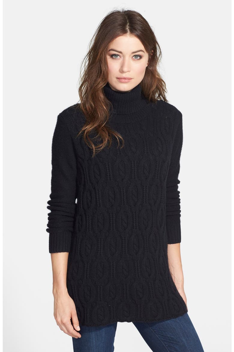 Quinn 'Teresa' Cashmere Cable Knit Turtleneck Tunic, Main, color, BLACK