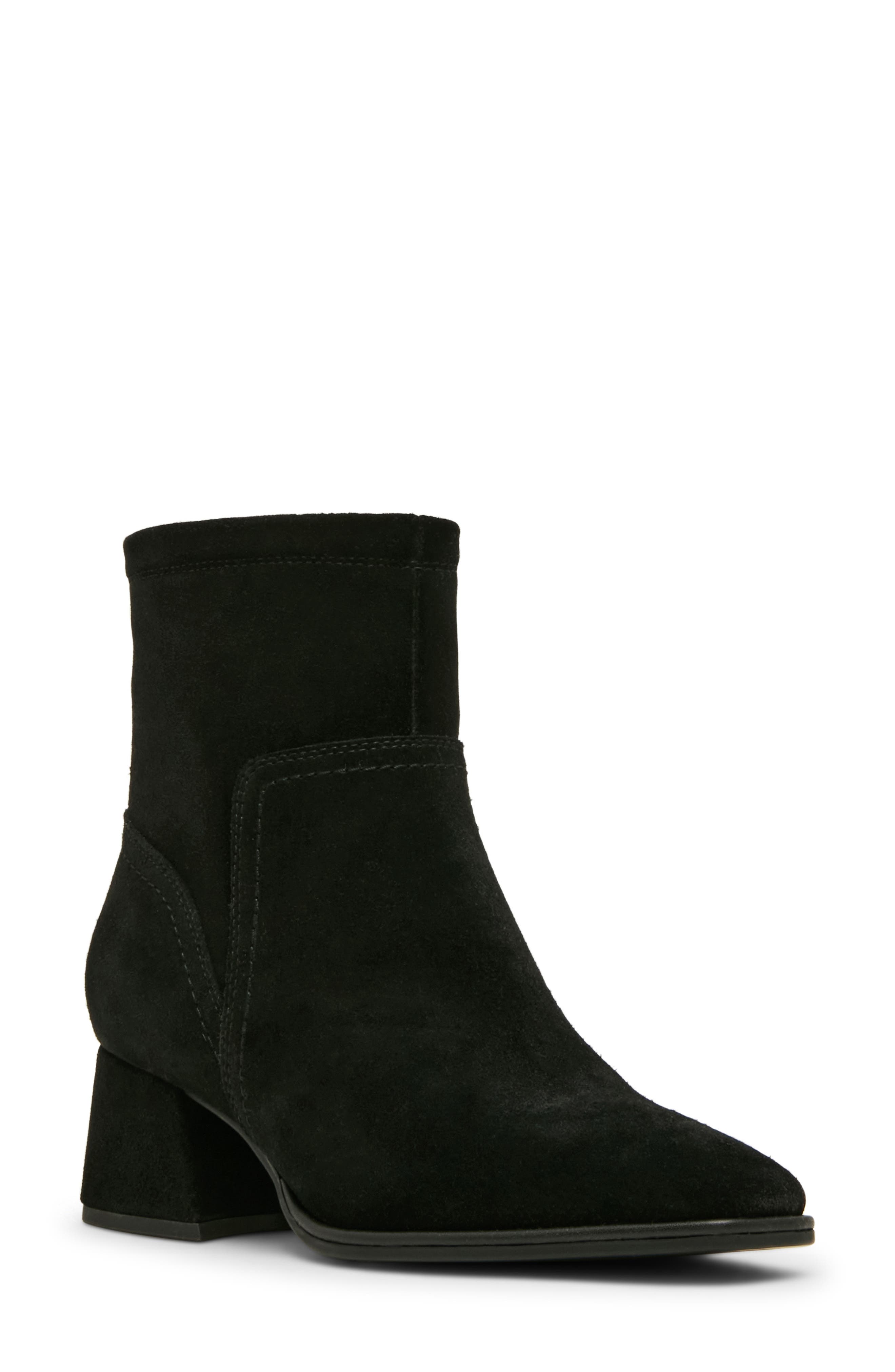 Marina Waterproof Stretch Suede Block Heel Bootie, Main, color, BLACK SUEDE