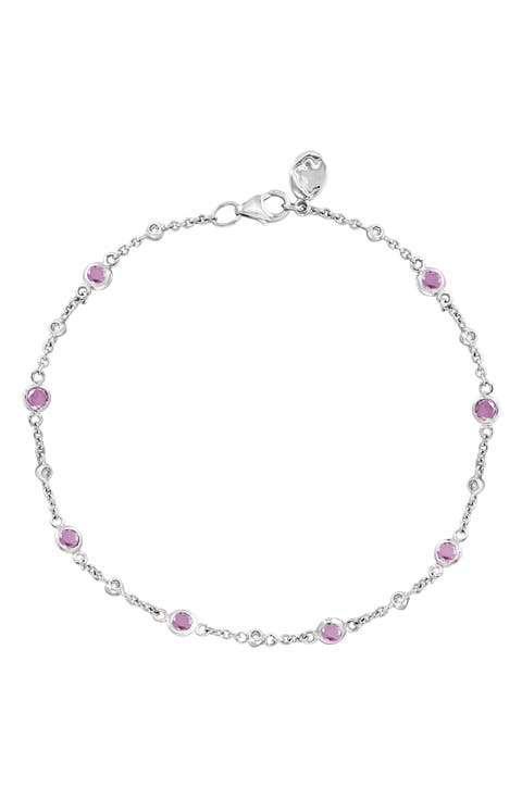 Sterling Silver Pink Sapphire & Diamond Station Chain Bracelet