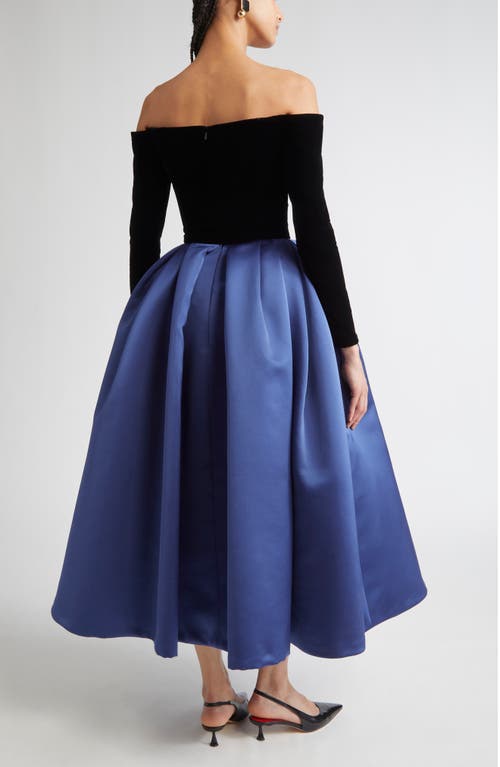 Carolina Herrera Off The Shoulder Long Sleeve Mixed Media Cocktail Dress In Blue