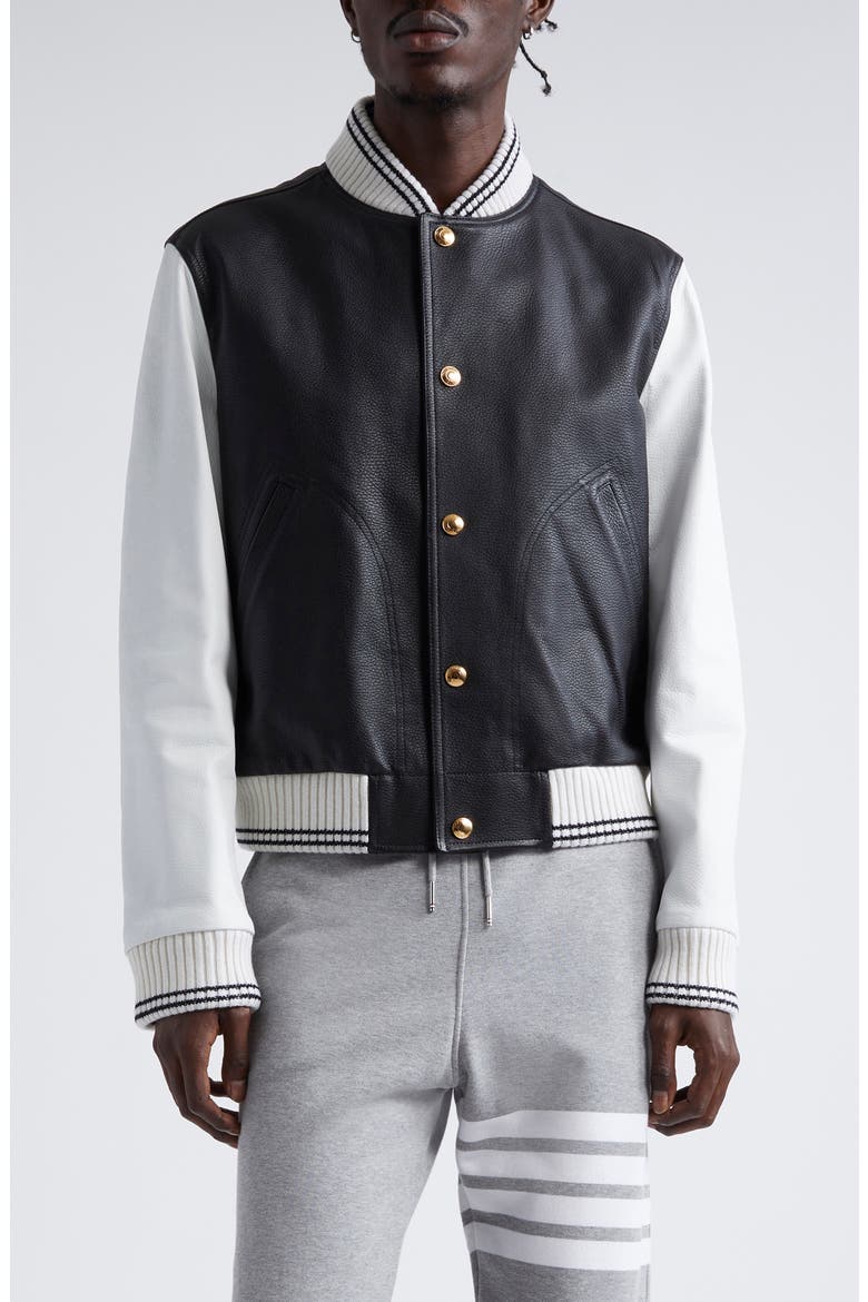 Mixed Media Leather & Wool Bomber Jacket, Main, color, BLACK