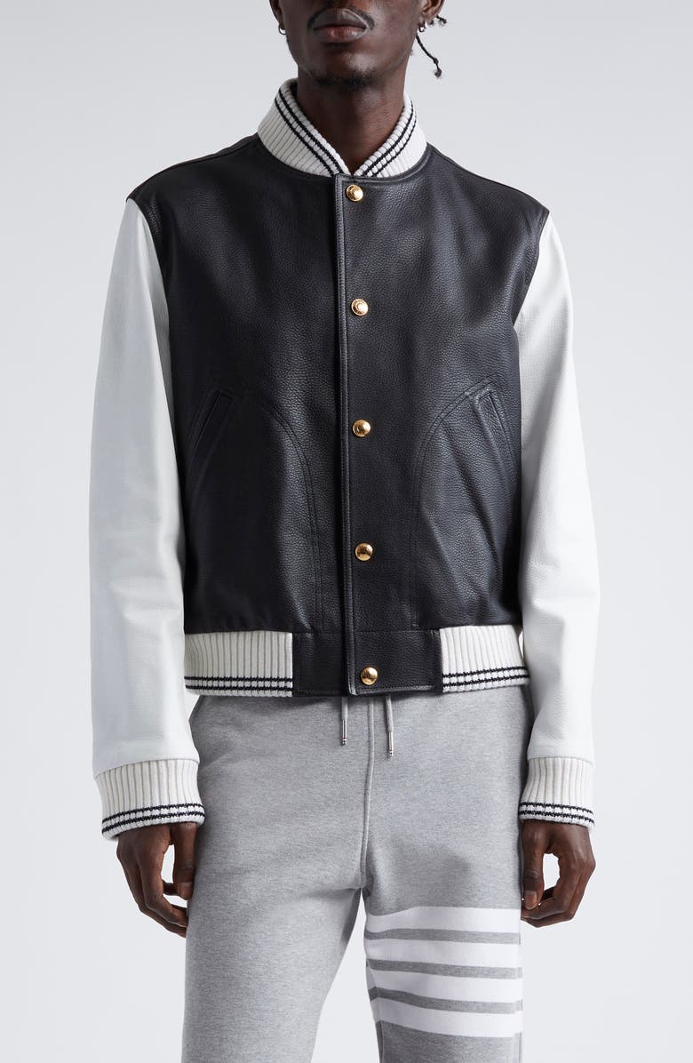 Thom Browne Mixed Media Leather & Wool Bomber Jacket, Main, color, Black