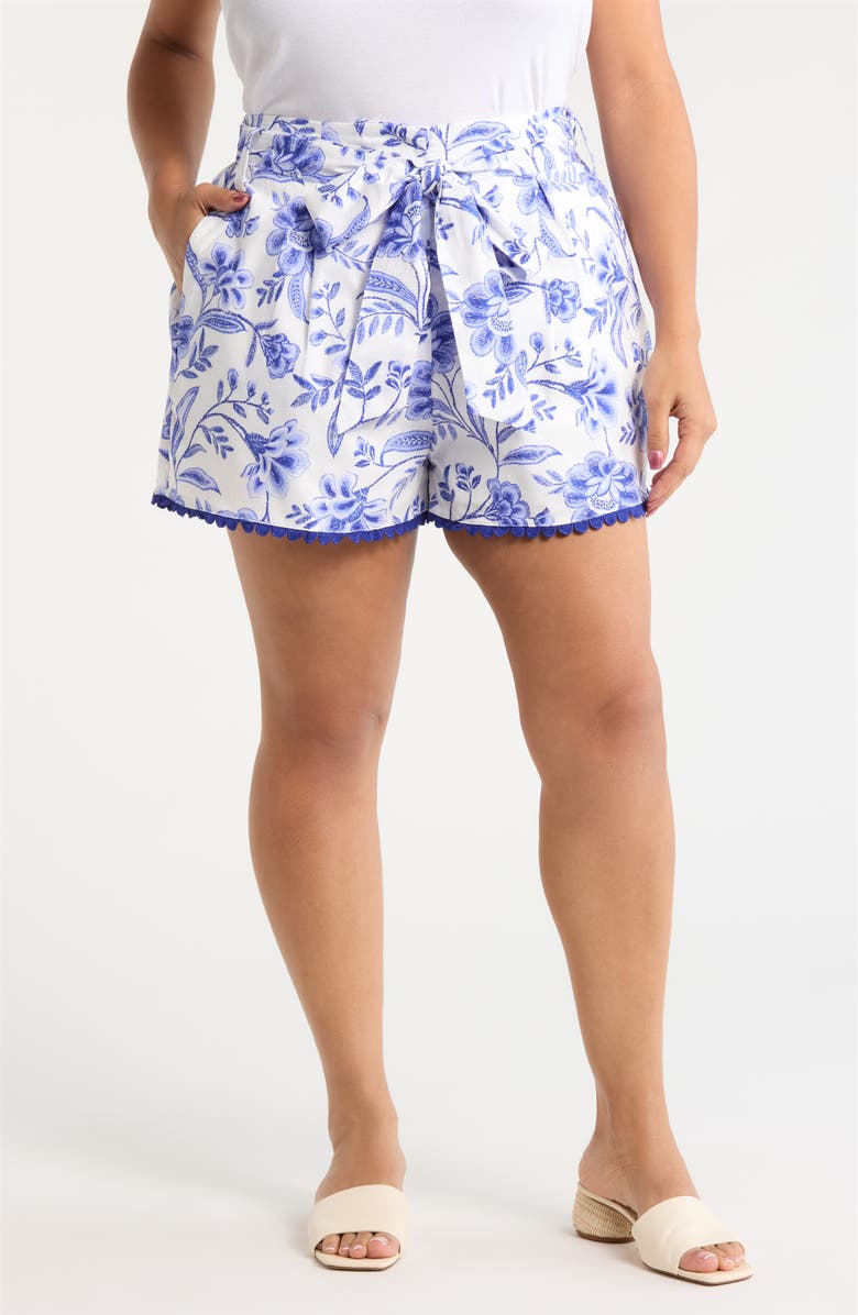 SUGARLIPS Maeve Belted Floral Zaferia Cotton Shorts, Main, color, White Cobalts