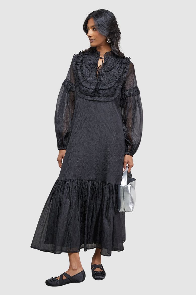 Crinkle Stripe Frill Midi Dress, Main, color, Black