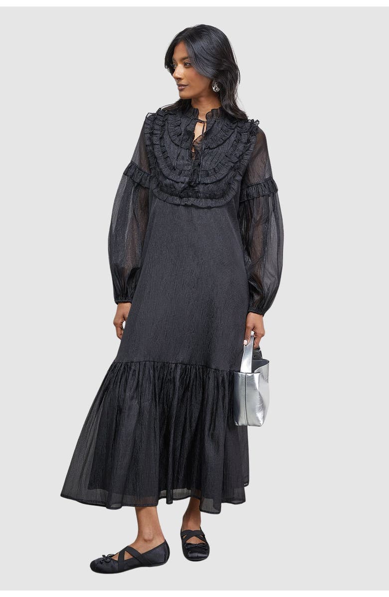 Warehouse Crinkle Stripe Frill Midi Dress, Main, color, Black